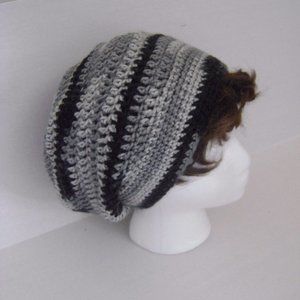 New Hand Crocheted Slouchy Hat in Shades of Black and Gray.  Handcrafted